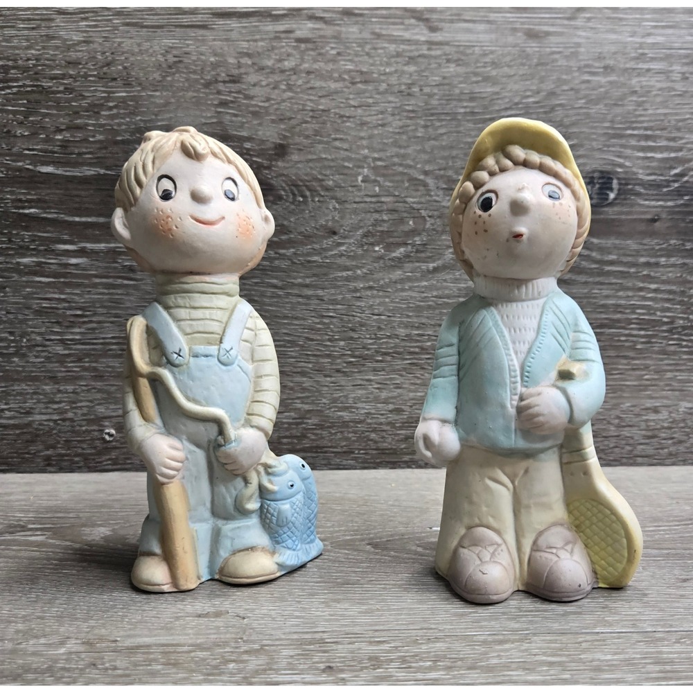 Vintage Boy Fishing Girl Tennis Figurines Ceramic Porcelain Figures Pair Decor